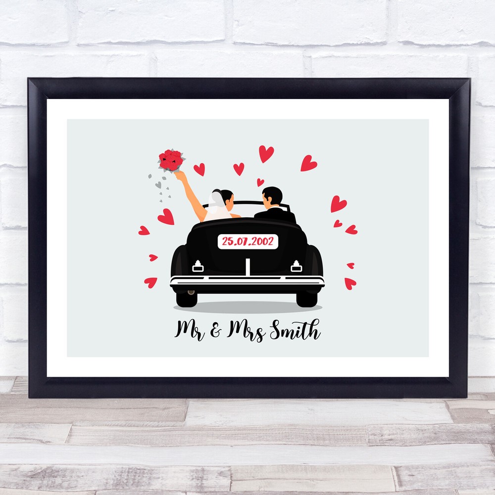Black Wedding Car Anniversary Couple Wedding Date Personalised Gift Print