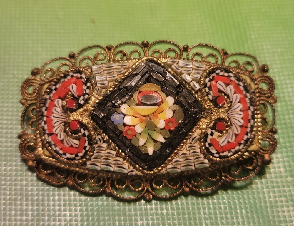 VTG ITALIAN VICTORIAN MICRO MOSAIC HAT PIN BROOCH ANTIQUE JEWELRY RECTANGULAR
