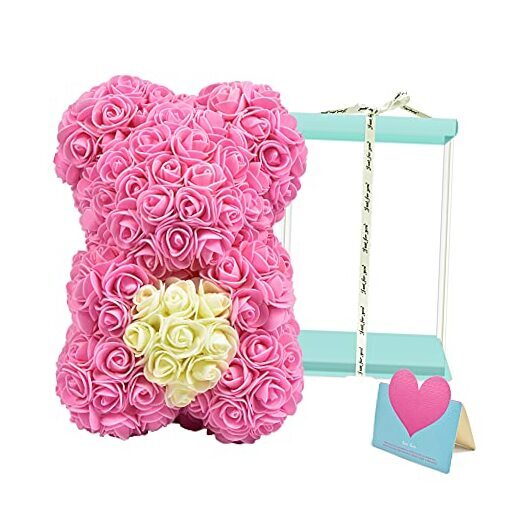 Rose Bear Handmade Flower Bears for Mothers Day, Valentines Day Blue Box Pink