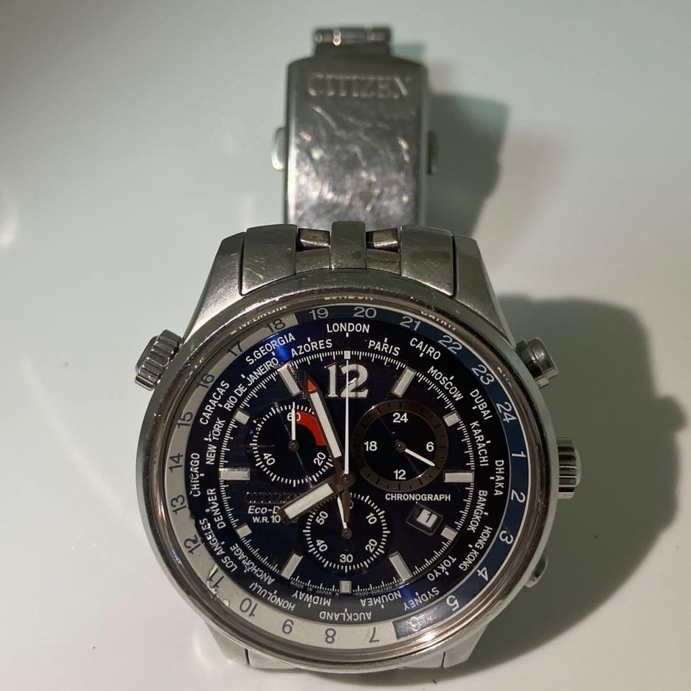 Citizen Eco-Drive Chronograph Watch Silver Unisex Near Mint Condition