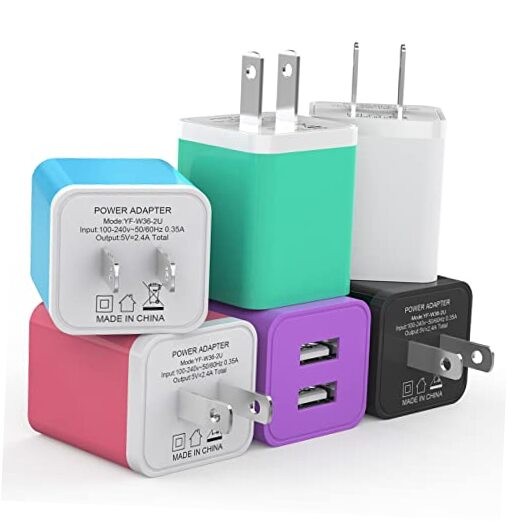 6-Pack 2.4A Dual USB Wall Charger Cube Adapter in Assorted Colors