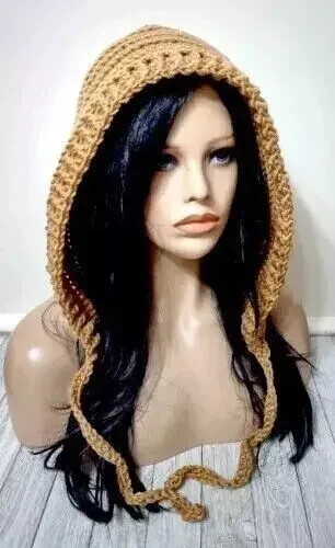 handmade crochet womans boho pixie hood hat scoodie warm brown USA  new