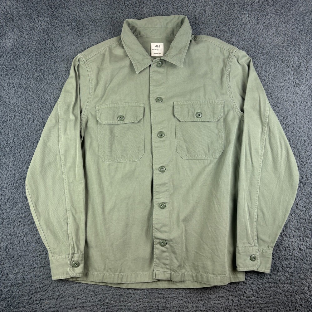 M&S Overshirt Mens Large Green Shacket Long Sleeve Button Up Pockets Utility