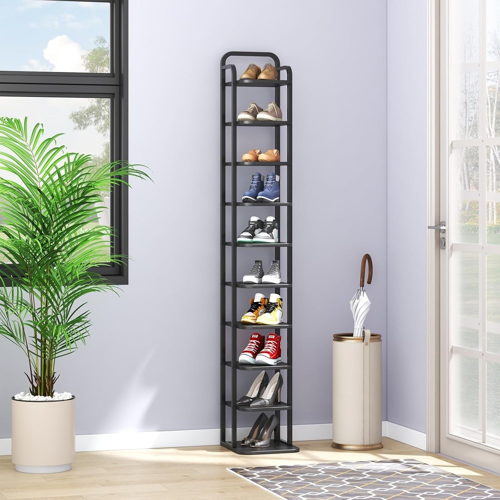 Vertical Shoe Rack with Shelves & Hooks - Wooden Entryway Organizer