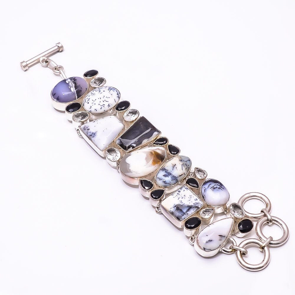 Natural Dendritic Agate - & Black Onyx 925 Sterling Silver Bracelet 7.99