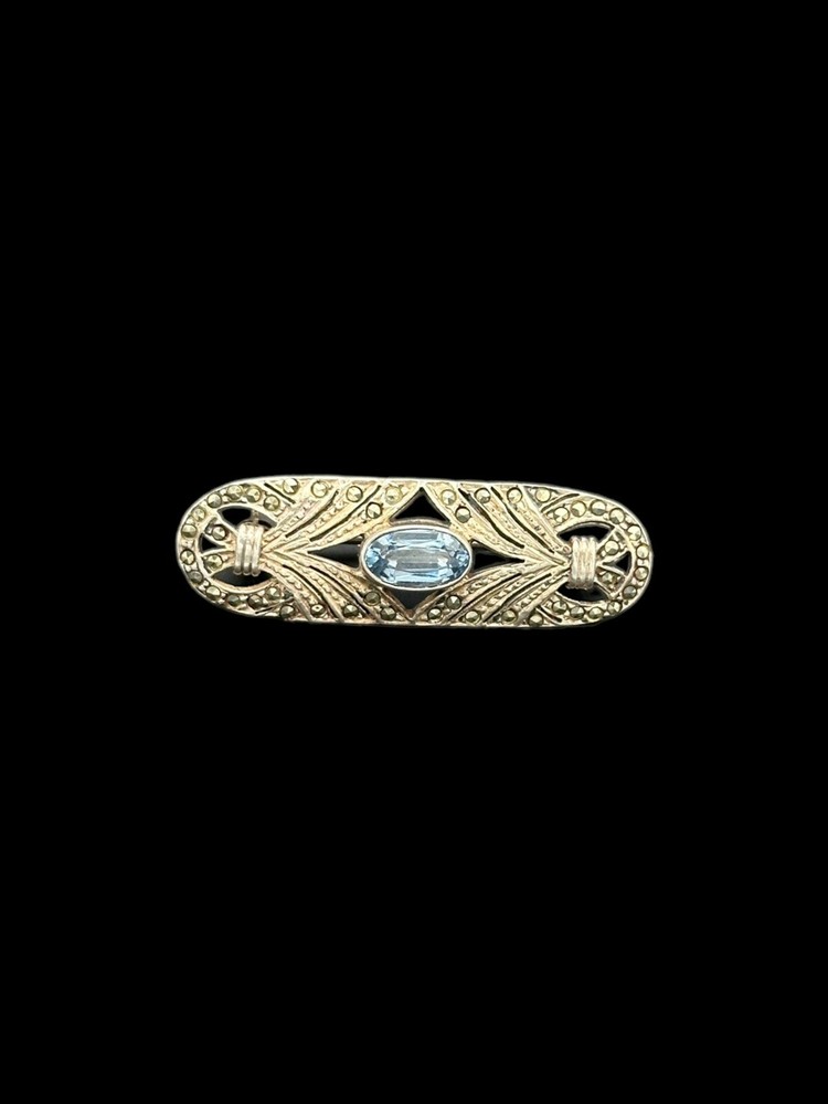 Vintage Art Deco Blue Spinel Silver Marcasite Bar Brooch Pin