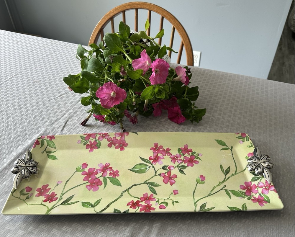 RARE Melamine Tray fuchsia, Flowers Green Leaves Yellow Silver Handles Cottage