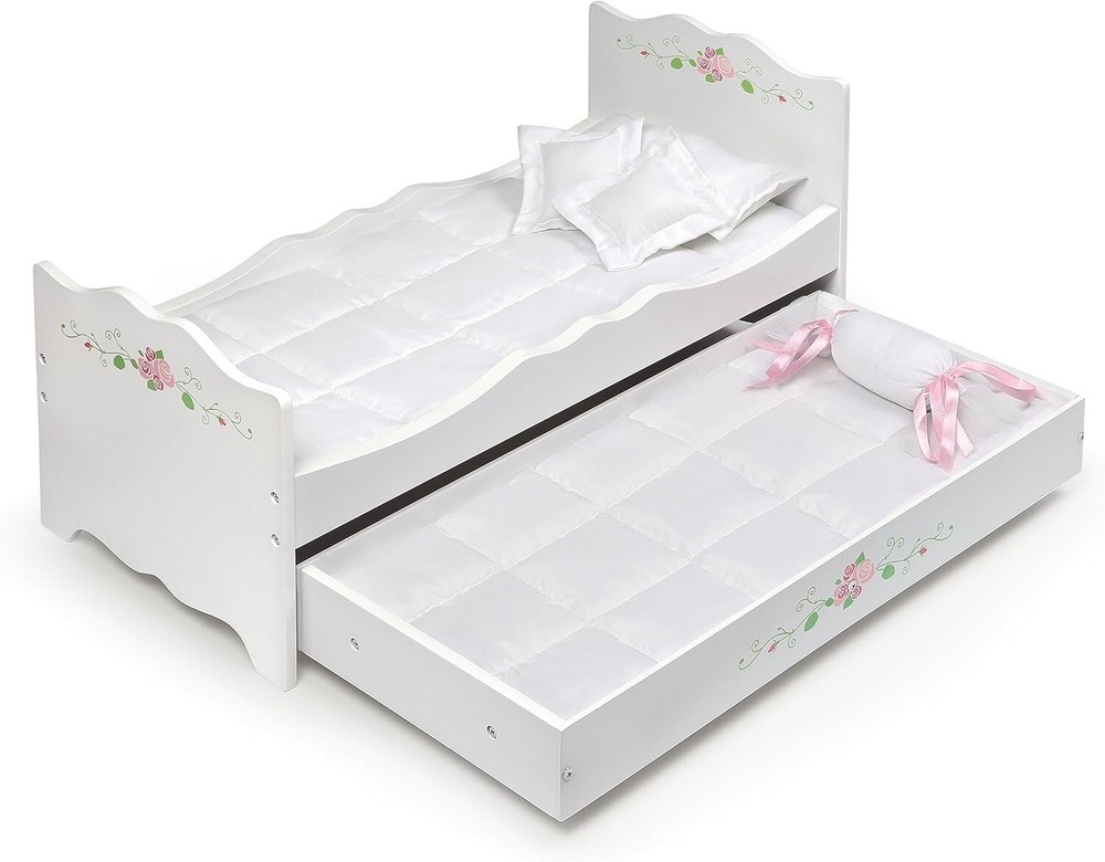 Wooden Doll Bed 20 Inch with 4 Pillows and 2 Padded Mats for American Girl Dolls