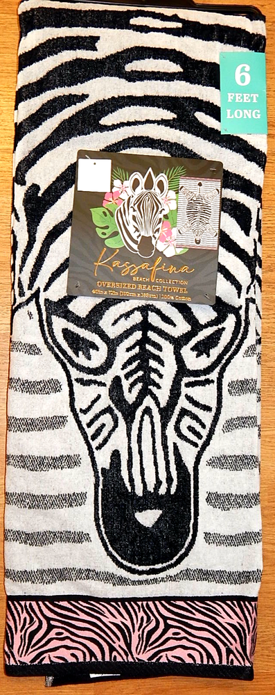 KASSAFINA BEACH COLLECTION OVERSIZED BEACH TOWEL ZEBRA WITH PINK  72