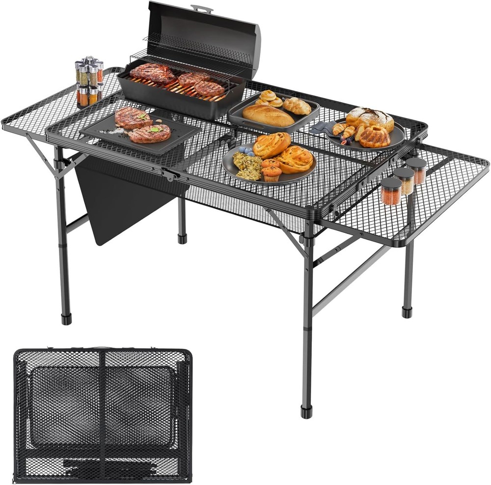 Folding Camping Grill Table with 2 Wing Panels and Mesh Desktop