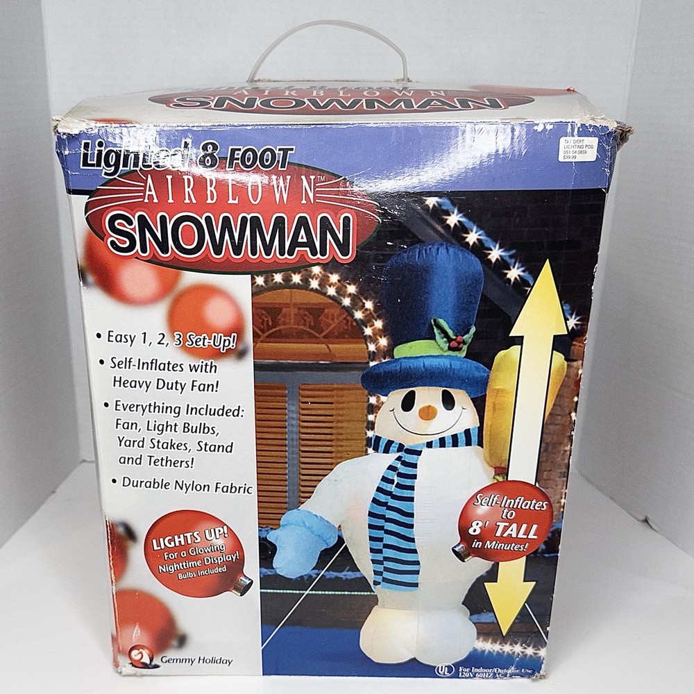 Vintage Gemmy Airblown 8ft Inflatable Snowman Light-Up Christmas Decoration 2003