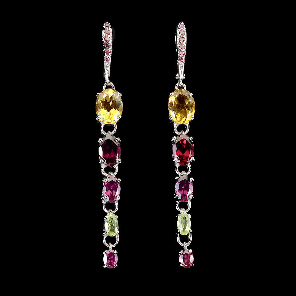 925 Silver Oval Earrings with Citrine, Peridot, and Rhodolite Natural Gemstones