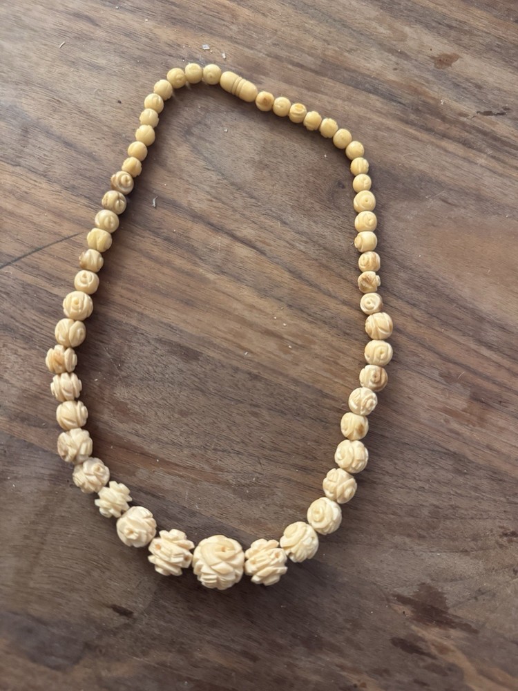 Vintage Carved Bovine Necklace  Roses Flowers Cow Bone Celluloid Clasp