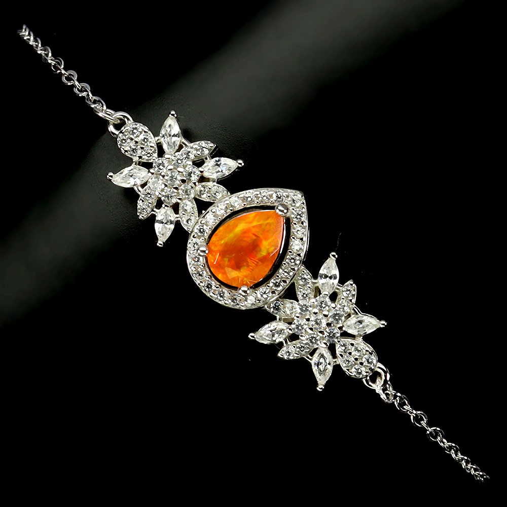 925 Sterling Silver Bracelet with Pear Orange Opal 7x5mm Natural Gemstone