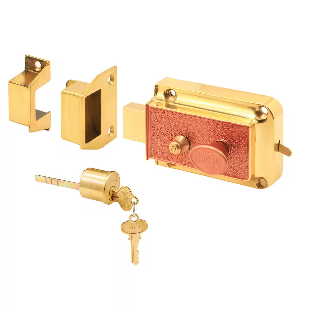 Rim Single Cylinder Deadbolt, Cast Bronze Construction, Polished Brass-Plated Fi