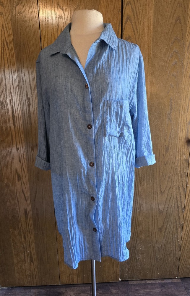 a.n.a Blue Chambray Crinkle Collared Button-up Swim Cover-up Women's L Pre-owned