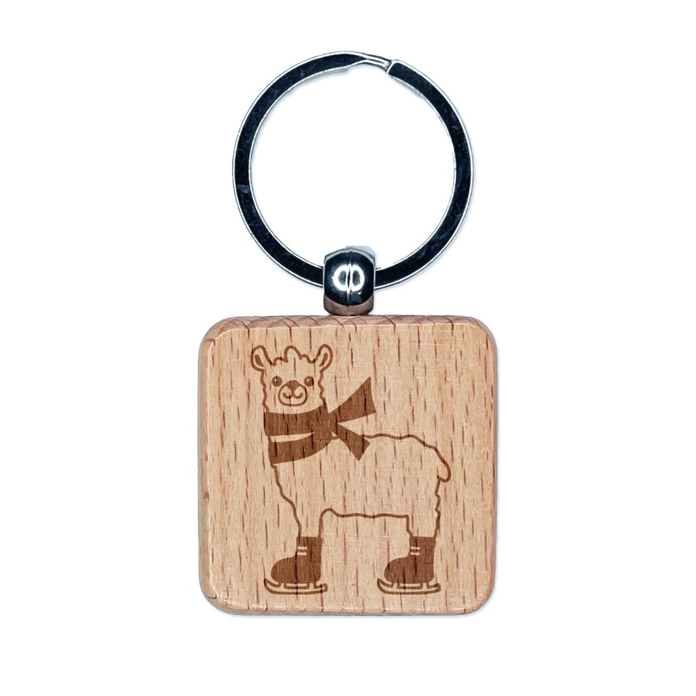 Ice Skating Llama Winter Engraved Wood Square Keychain Tag Charm