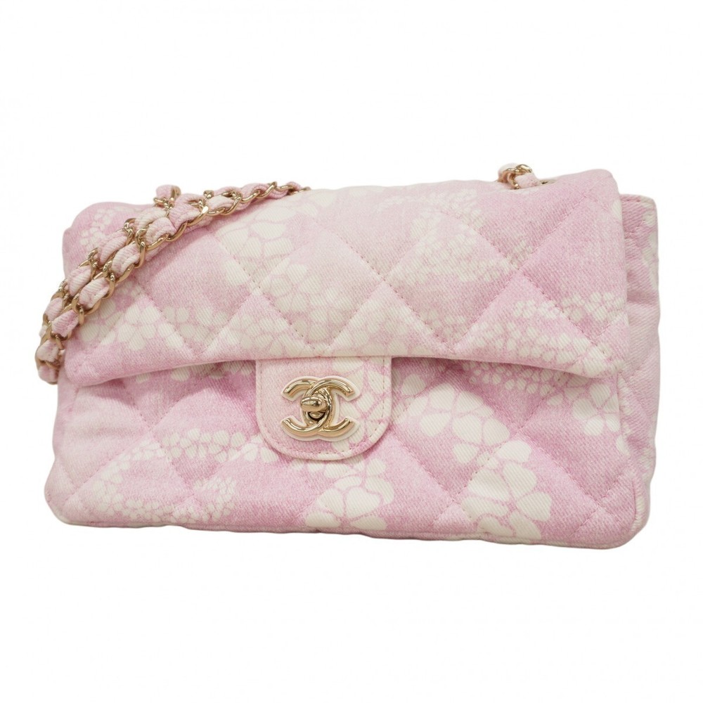 Chanel Coco Beach White Pink Champagne Canvas Shoulder Bag with Chain 334376