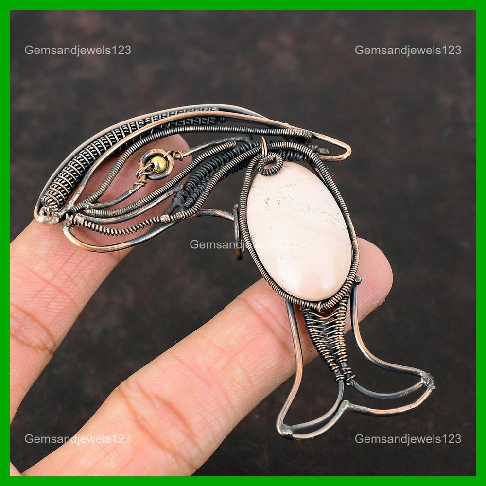 Mothers day Deal Oval Pink Opal Stone Copper Wire Wrapped Fish Pendant Jewelry-image