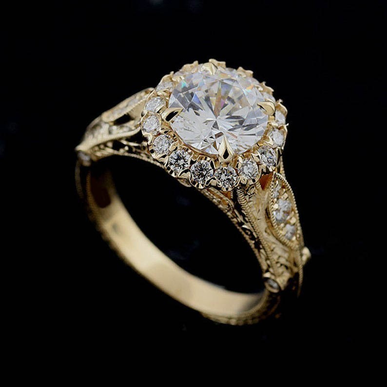 Art Deco Vintage Style 3Ct Simulated Diamond Wedding Ring 14K Yellow Gold Plated