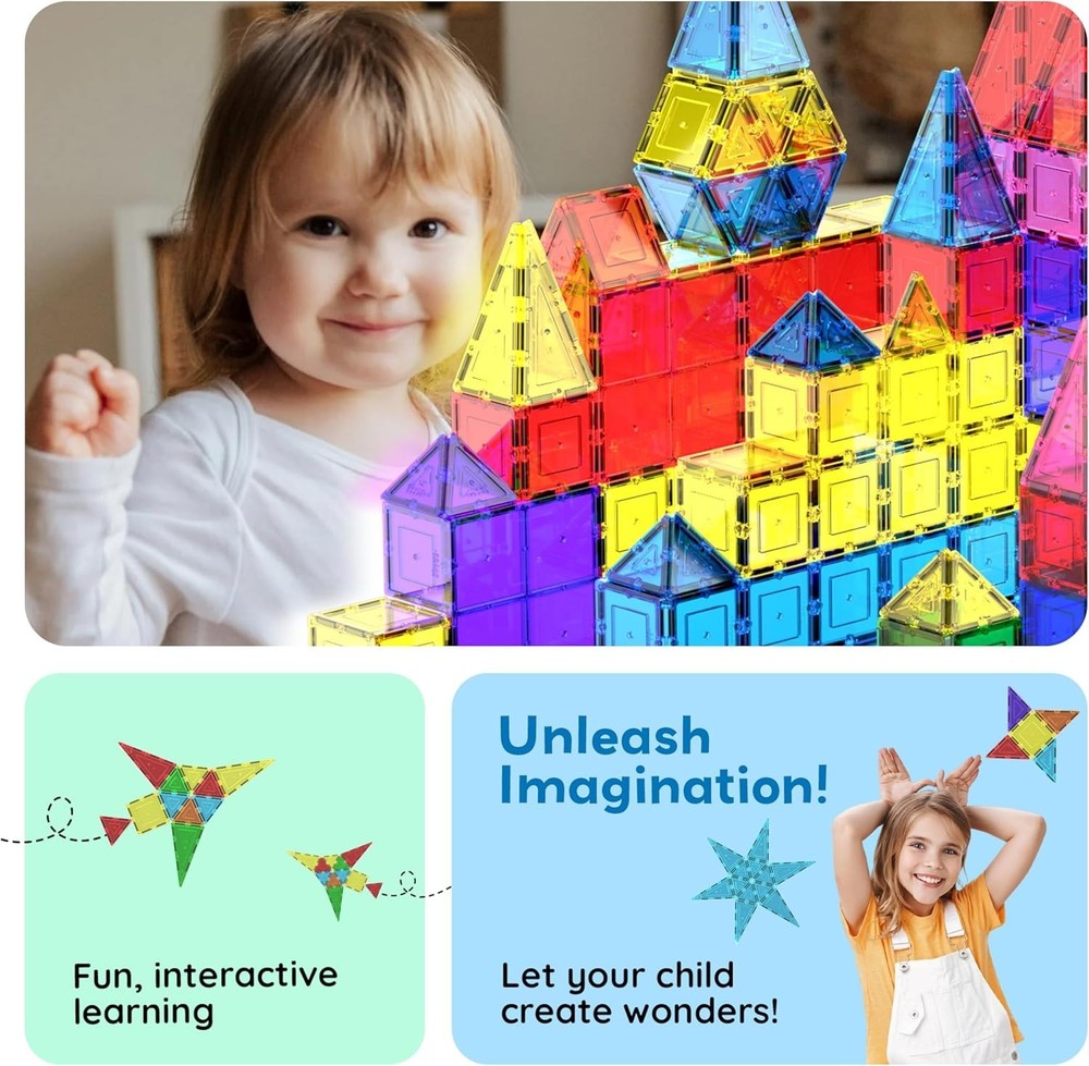 PicassoTiles 100 Piece Set 100pcs Magnet Building Tiles Clear Magnetic 3D Blocks