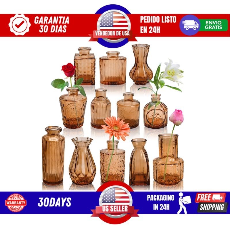 12pcs Amber Glass Vases Set For Flowers & Decor Vintage Style Small Size...