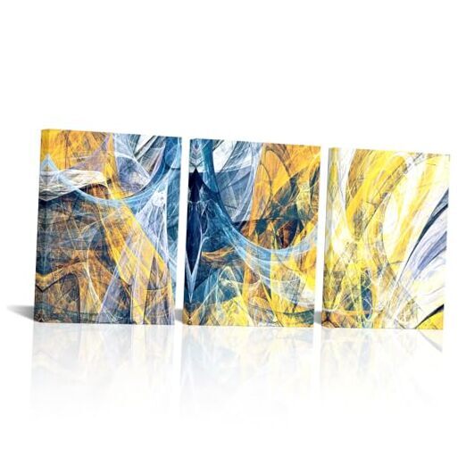 3 Pieces Blue and Yellow Abstract Canvas Wall Art Line Drawings Print