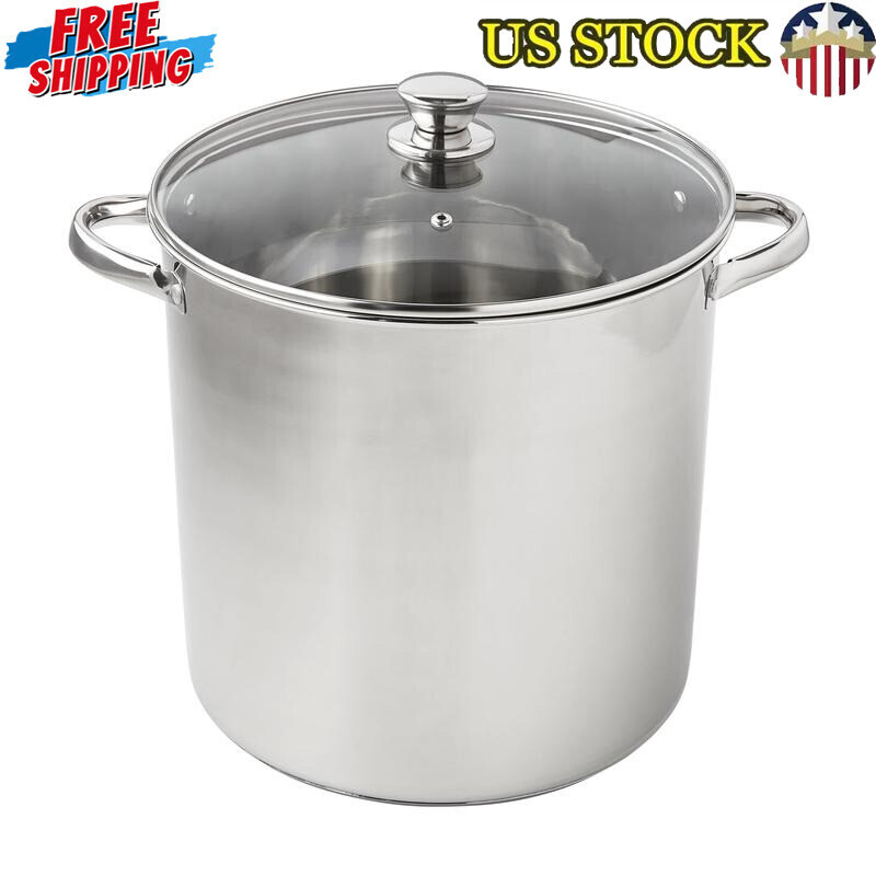16 Qt Stainless Steel Stock Pot with Glass Lid Induction Compatible