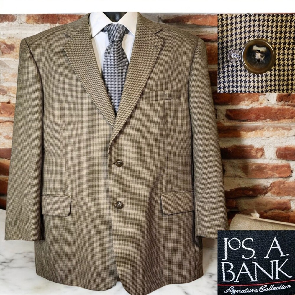 Jos A Bank Signature Wool Houndstooth Blazer 44R Beige Mens Sport Coat