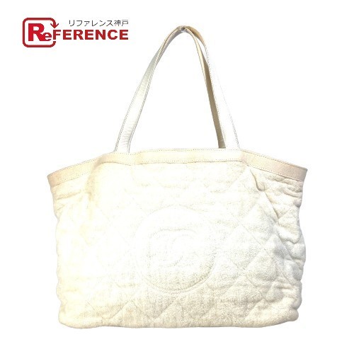 Chanel White CC Coco Mark Cotton Leather Women Shoulder Tote Beach Bag