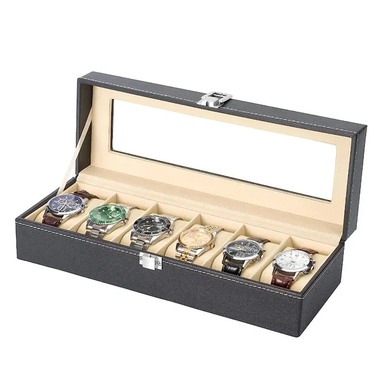 6 Slot Leather Watch Box Glass Top Display Case Jewelry Organiser Storage Gift