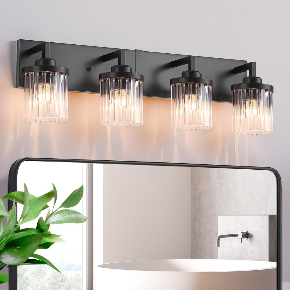 EvmVom Modern Crystal Bathroom Light Fixtures, 4 Light Black Farmhouse Vanity...