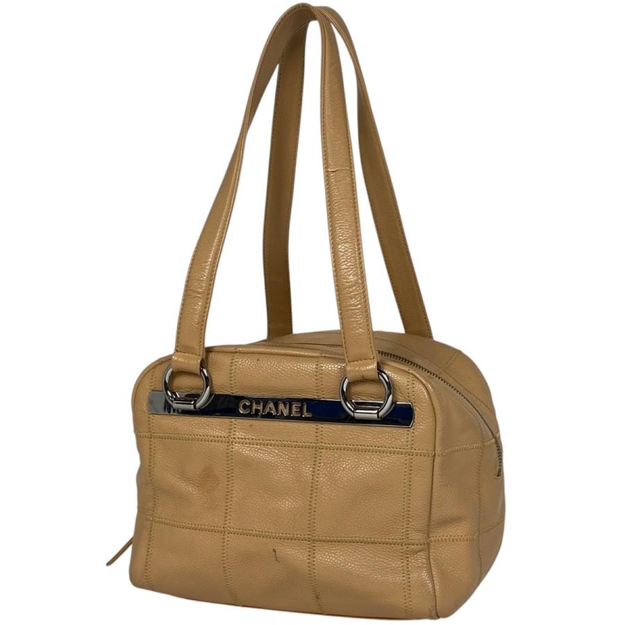 Chanel Chocolate Bar Tote Bag Logo Caviar Skin Beige Used