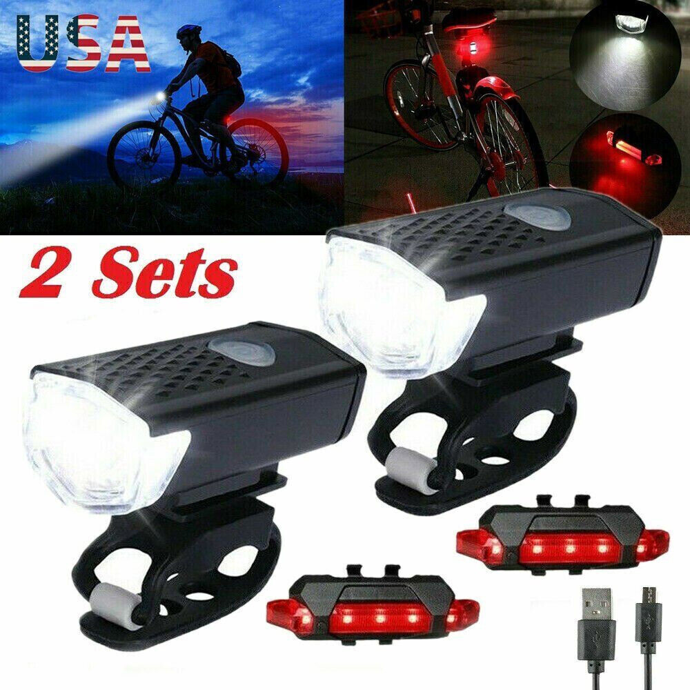 USB Rechargeable Bike Light Set - 2 LED Headlight & Taillight for Safety