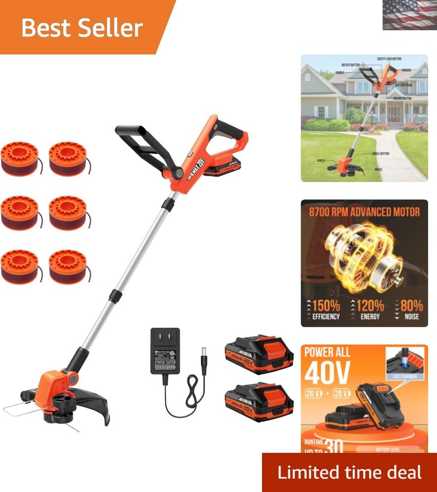 12-Inch Lightweight String Trimmer with Fast Charger and 6 Extra Spools for Effortless Gardening