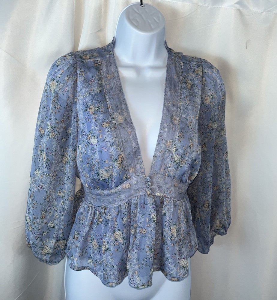 French Kiss Women’s Blue Blouse Floral Cottagecore Fairycore Y2K Coastal