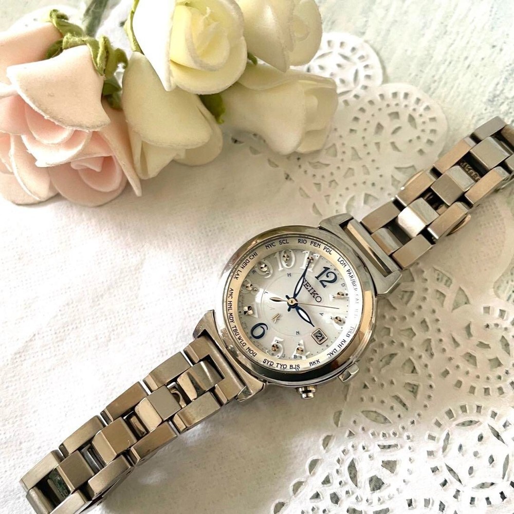SEIKO Lukia 1B25-0AA0 Radio Solar Silver Used From Japan Check description