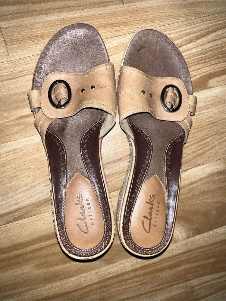 Clark’s Artisan Slip On Leather Wrap Around Rope Wedge Sandals Women's Size 8 M