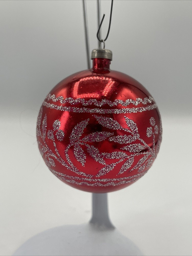 Vintage Italian Red Glass Stenciled Christmas Ornament