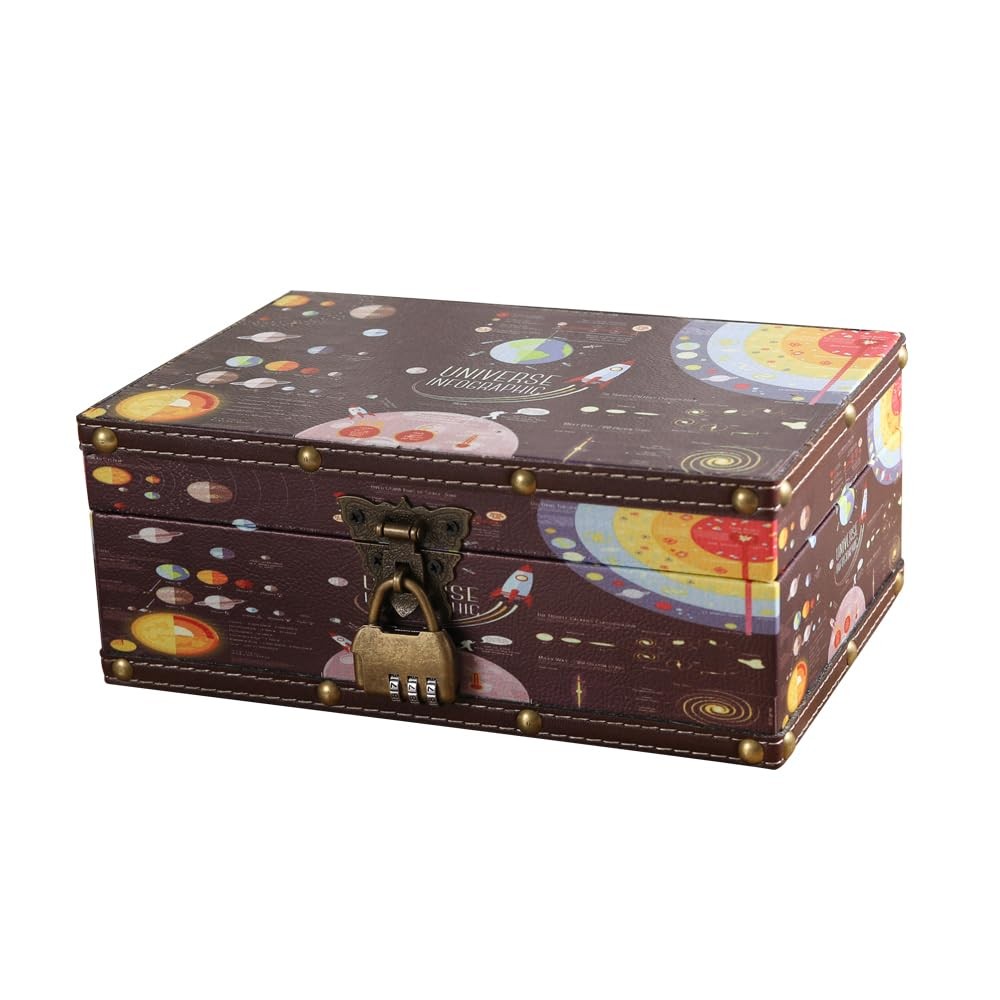 Wood Leather Treasure Chest with Locking Lid Jewelry Keepsake Box for Teens