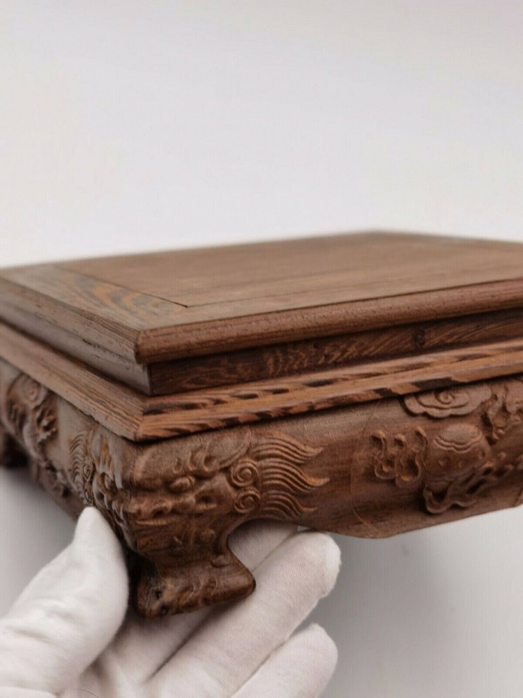 Hand-carved Jichi wood square pedestal stand with dragon base in rich brown