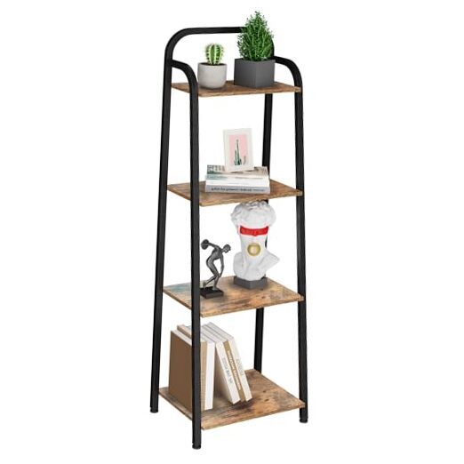 Ladder Shelf Bookshelf, Narrow Bookcases with Metal Frame, 4 Tier Rustic Brown