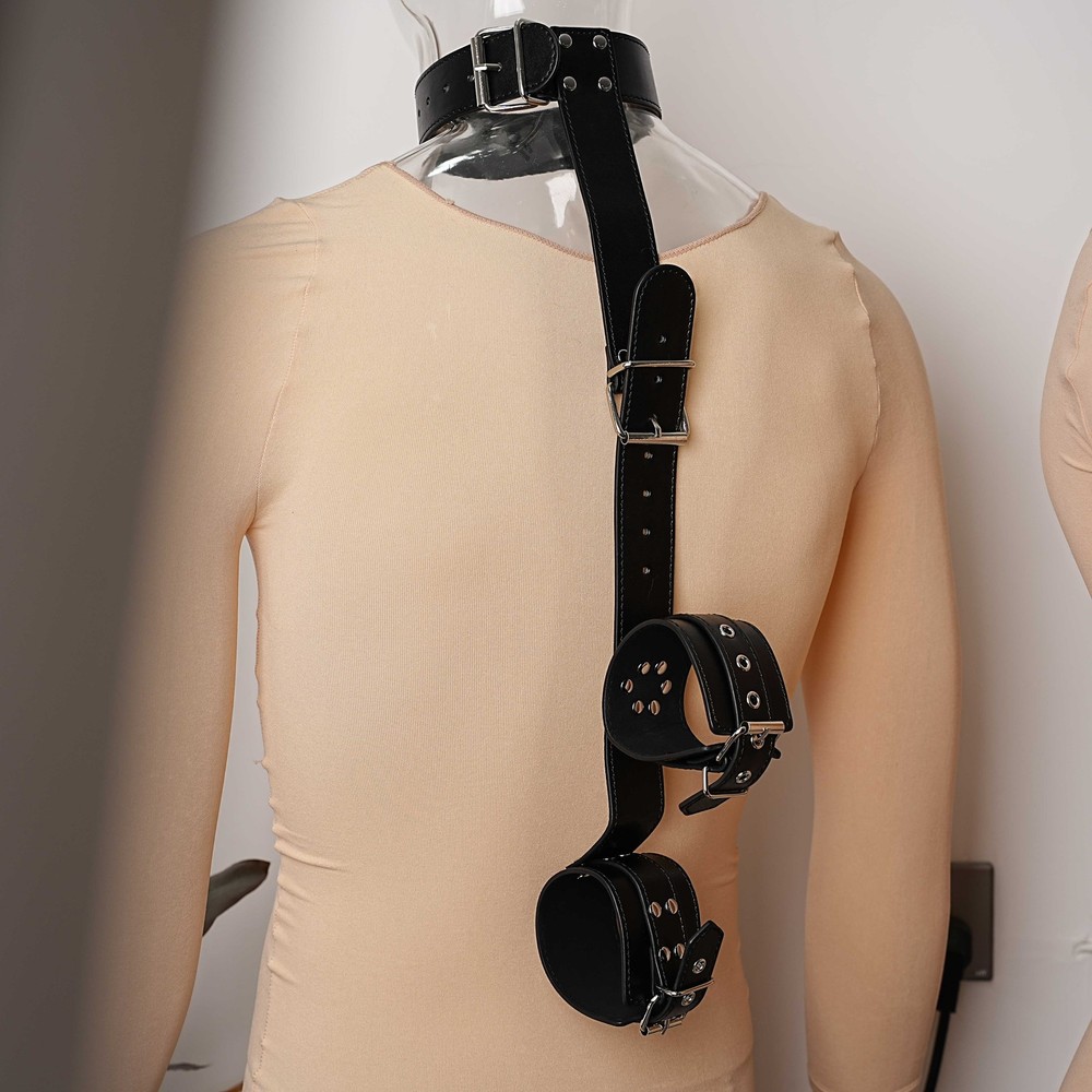 PU Leather Neck To Wrist Handcuffs BDSM Bondage Restraint Slave Roleplay Games