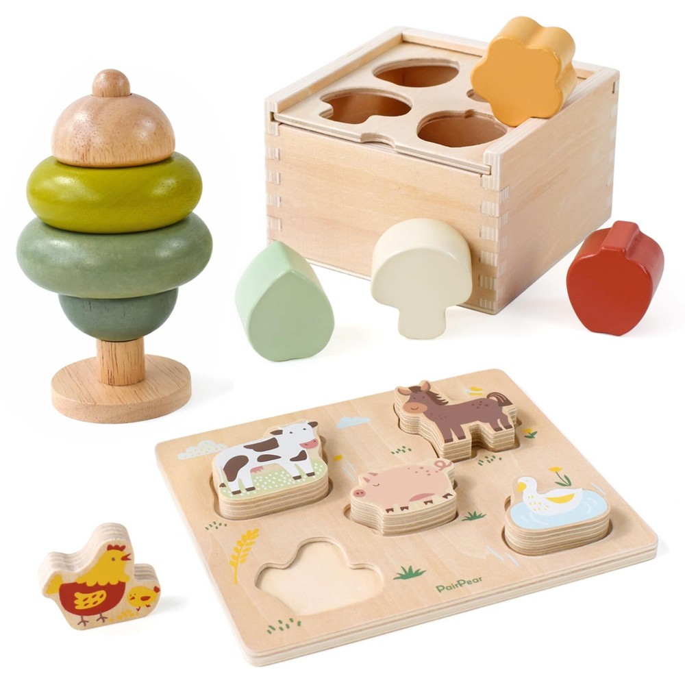 Educational Toys Set 3 in 1 - Wooden Toys Shape Sorter Cubes - Activity Stack...