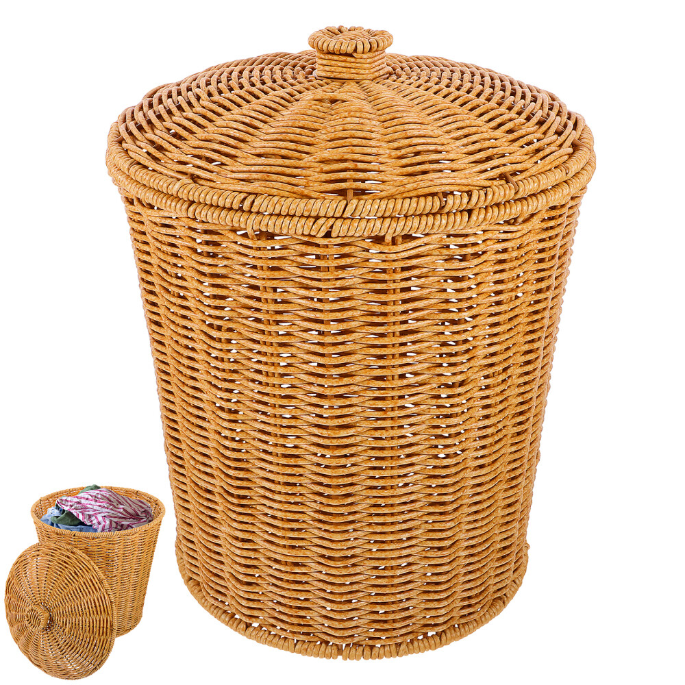Storage Basket with Lid Wicker Trash Can Garbage Woven Baskets