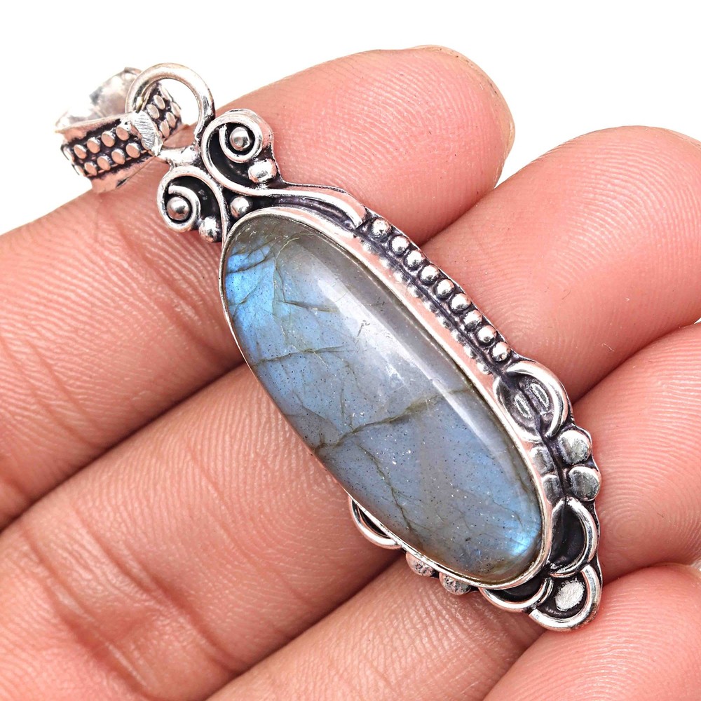 Blue Fire Labradorite Pendant Valentine's Day Silver Jewelry 2.25 Inch
