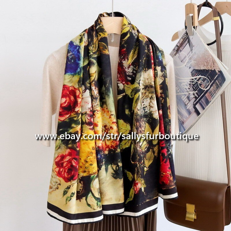 Sallys 70% Cashmere 30% Silk Wrap Scarf Flowers Print Double Face Shawl 53