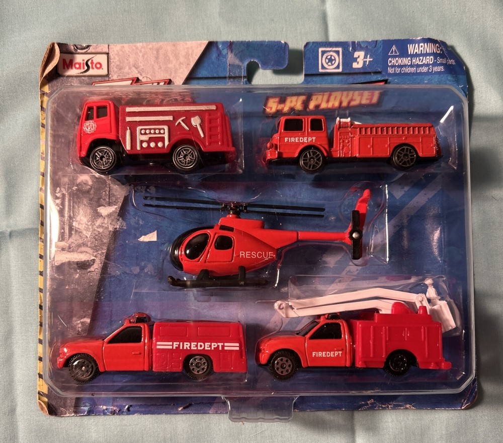 Maisto - 5-Piece Diecast Metal Fire Department Rescue Truck & Helicopter Set