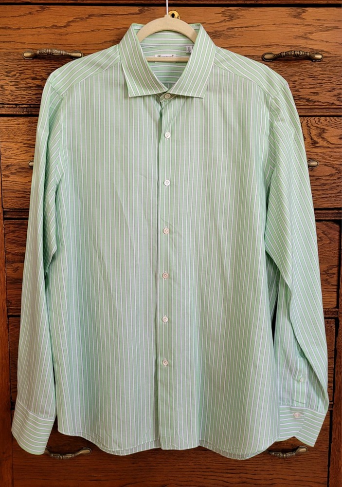Finamore 1925 Napoli Italy Green White Blue Striped Classic Dress Shirt 17.5/44