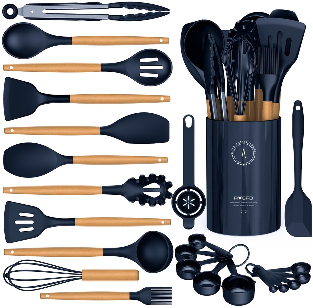 Silicone Cooking Utensils Set - Silicone Kitchen Utensils for Cooking Wooden ...